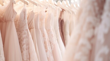 Wall Mural - Beautiful elegant luxury bridal dress on hangers. A variety of wedding dresses hanging in a boutique bridal salon. Blurred background in beige tones and sunlight.