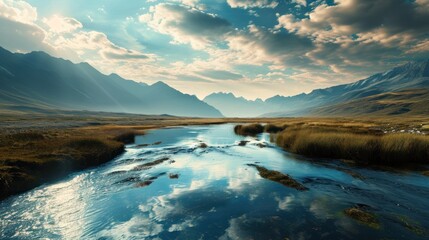 Poster -  a river running through a lush green valley under a cloudy sky with mountains in the background and grass in the foreground.