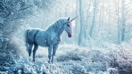 Poster -  a white unicorn standing in the middle of a forest with snow on it's ground and trees in the background.