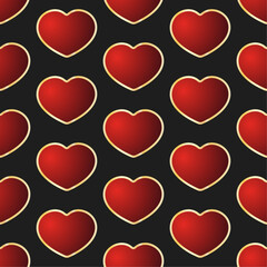 Poster - Red hearts vector seamless pattern. Volumetric gradient hearts with gold frames on black background. Best for web, polygraphy, print and St. Valentine's Day decoration.