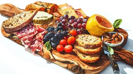 Canvas Print -  a painting of a platter of meats, bread, fruit, nuts, and breadcrumbs.