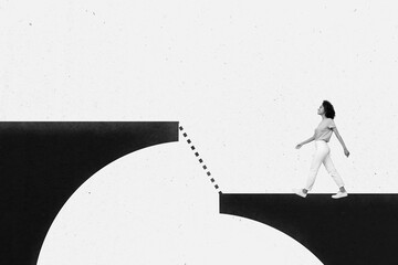 Wall Mural - Creative collage picture illustration black white filter happy excited joyful young woman walk goal target motivation exclusive template