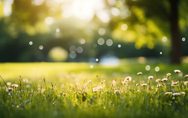 Wall Mural - Green lawn with fresh grass outdoors. Nature spring grass background