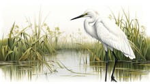  A White Egret Standing In The Water Next To Tall Grass And Reeds With A White Sky In The Background.