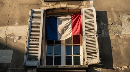 Flag of France. French tricolor on the window of the old building