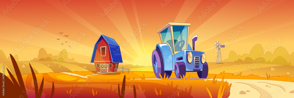 Cartoon autumn farm landscape with red wooden barn, blue tractor on ...