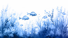 Coral Reef Underwater, Blue Watercolor Illustration, Fish And Corals Ocean Nature, Cartoon Image On White Background