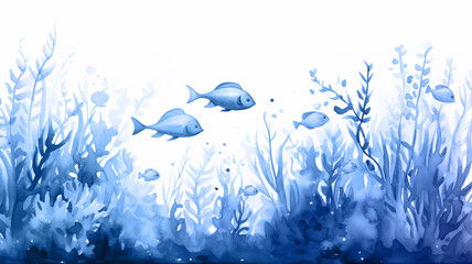 Wall Mural - coral reef underwater, blue watercolor illustration, fish and corals ocean nature, cartoon image on white background