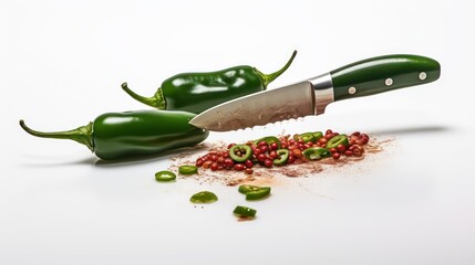 Wall Mural - green chili peppers with a knife on white background