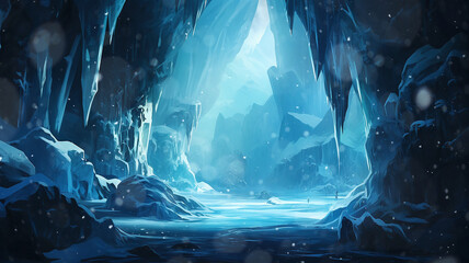 Wall Mural - icy world, twilight in a frozen world among icy rocks snowfall, abstract cold blue landscape mountains