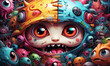 Dark evil hip hop style, bright graffiti covers strange monsters with childlike doll-like features and big, scary chibi eyes