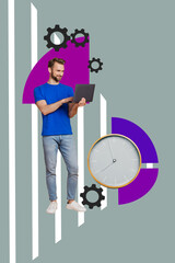 Wall Mural - Vertical creative collage banner poster standing young man browsing laptop clock alarm time management arrangement cogwheels setting