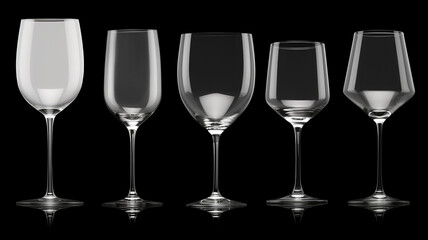 Wall Mural - set, a collection of different transparent glass glasses isolated on a black background