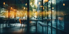 Blurred Image Of Empty Restaurant With Chairs And Tables. Generative AI.