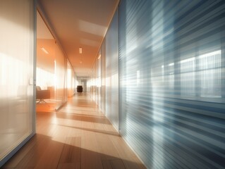 Canvas Print - A long hallway with a light shining through the glass walls. Generative AI.