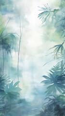 Wall Mural - high, narrow, simple background watercolor drawing forest in the jungle in the rainy season