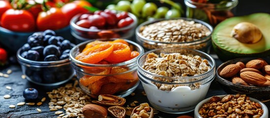 Wall Mural - Assorted high protein health food with grains, vegetables, dried fruit, almond yoghurt, supplement powders, nuts, seeds, rich in fibre, antioxidants, and vitamins.