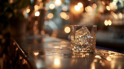 AI generated illustration of a whiskey glass on a bar counter with a backdrop of soft lighting