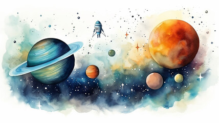 Wall Mural - planets in space on a white background, watercolor drawing for children primitive minimalistic poste