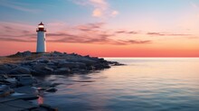  A Light House Sitting On Top Of A Cliff Next To A Body Of Water With A Sunset In The Background.