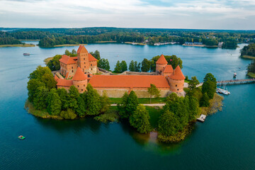 Sticker - Aerial view of Trakai castle. Medieval gothic Island castle, located in Galve lake. Drone photo from above