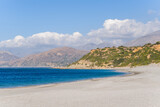 Fototapeta Do akwarium - Triopetra Beach and the surrounding mountains, in Europe, in Greece, in Crete, towards Rethymno, At the edge of the Mediterranean Sea, in summer, on a sunny day.
