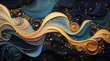  A Close Up Of A Painting Of A Wave With Gold And Blue Swirls And Dots On A Black Background.