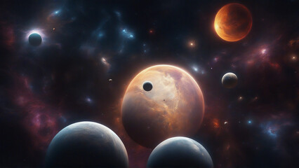 Wall Mural - AI generated illustration of a variety of planets set against a dark and colorful space