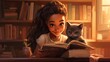A determined mixed race girl with pigtails, carefully holding a tiny Siamese kitten in her hands, as they explore an enchanting book-filled library.