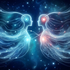 Wall Mural - Two souls connected by intertwining psychic waves, symbolizing a deep spiritual bond