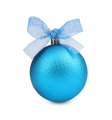 Wall Mural - Beautiful light blue Christmas ball with bow isolated on white