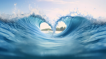 Wall Mural - Heart shaped waves in light blue sea, Valentine's Day background