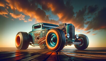 Beautiful hot rod vintage teal and orange car, automotive wallpaper, background, template