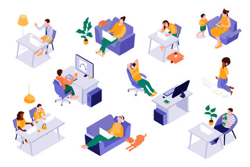 Isometric work from home illustration collection with people