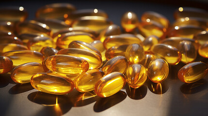 Wall Mural - Omega-3 fish oil capsules on a dark wooden background. selective focus. Generative AI,