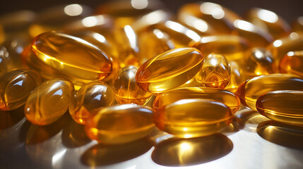 Wall Mural - Omega-3 fish oil capsules on a dark wooden background. selective focus. Generative AI,