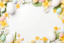 Easter Background With Colorful Eggs And Flowers On White Background.happy Easter, Spring, Farm,  Holiday,festive Scene , Greeting Cards, Posters, .Easter Holiday Card Concept.copy Space