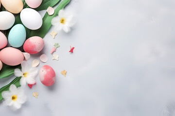 easter background with colorful eggs and flowers on white background.happy Easter, spring, farm,  holiday,festive scene , greeting cards, posters, .Easter holiday card concept.copy space