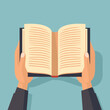 Hands holding open book for read. Hand book reading vector illustration