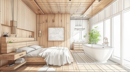 A hand-drawn sketch project of japandi wooden bedroom with free standing bathtub. Draft of unfinished project that becomes real. Interior design and creativity concept.