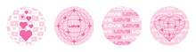 Set Of Round Stickers For Valentine's Day In The Style Of The 2000s. Vector Design Elements For Scrapbooking
