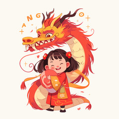 cute Chinese girl and a smiling Chinese dragon