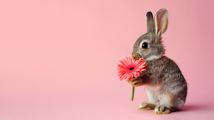 Wall Mural - Cute Easter bunny holding gerbera flower in paws, pink background