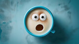 Fototapeta Most - A fun and quirky illustration of a coffee cup with a cute face drawn on blue background. Perfect for coffee shops, cafes,Blue Monday concept, the most smile and happy day