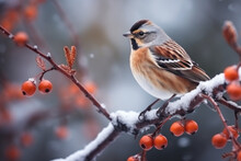 Rock Bunting Bird Sitting On Berry Tree Branch In Winter Forest