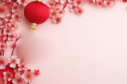 chinese new year lantern and white flowers on a branch on red background. Suitable for Chinese New Year, spring festival, or holiday designs. Perfect for decor, greeting cards, and invitations.