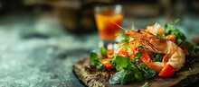 Grilled Shrimps With Greens On Restaurant Plate. Fresh Shrimp On White Plate And Fresh Vegetables, Cooked Shrimps Prawns And Seafood Spicy Chili Sauce Coriander, Cooking Shrimp Salad Lemon Lime
