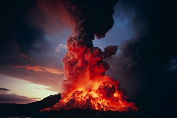 Poster - A photograph capturing the explosive power of a volcanic eruption, with molten lava spewing into the air against a backdrop of fiery intensity.