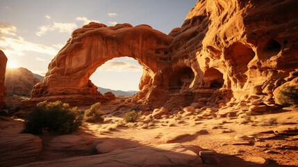 Fototapete - Iconic sandstone arch illuminated by the warm light of the setting sun, creating a breathtaking natural archway in the desert.