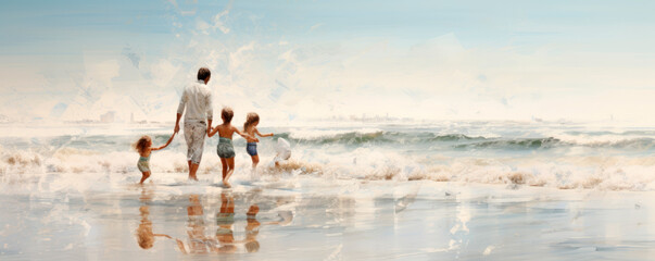 A family of a father mother and children walking on the beach, the drawing is made in the style of watercolor painting. Walking along the sea summer coast. Family vacations abroad. Travel